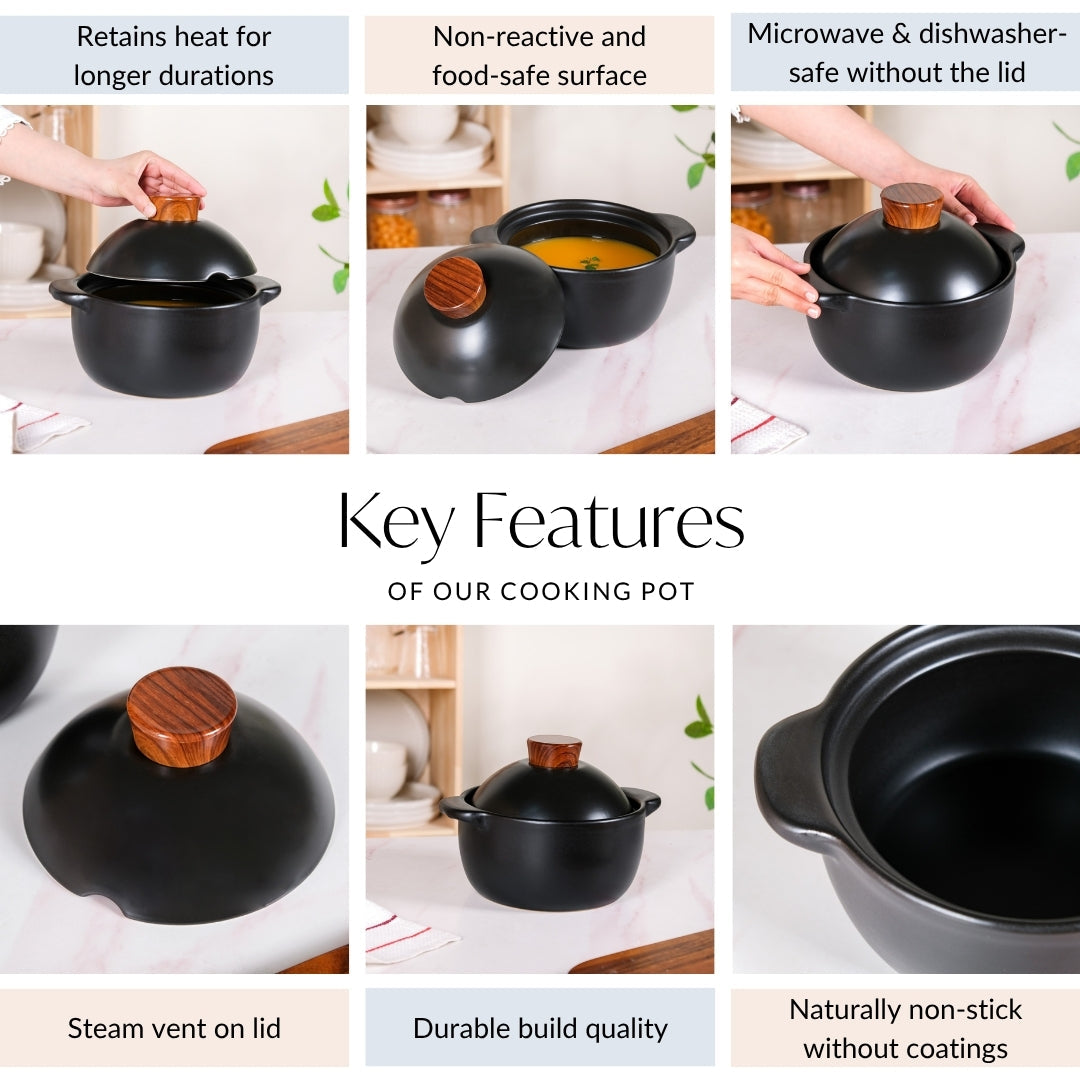 Maison Black Ceramic Clay Pot For Cooking 2200ml Nestasia