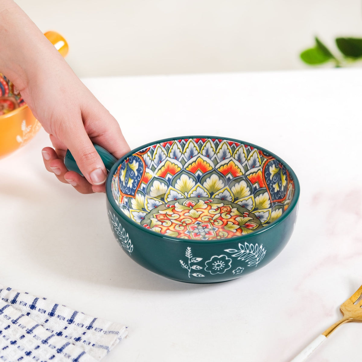 Mandala Melange Dish Bowl With Handle Green 600ml Nestasia