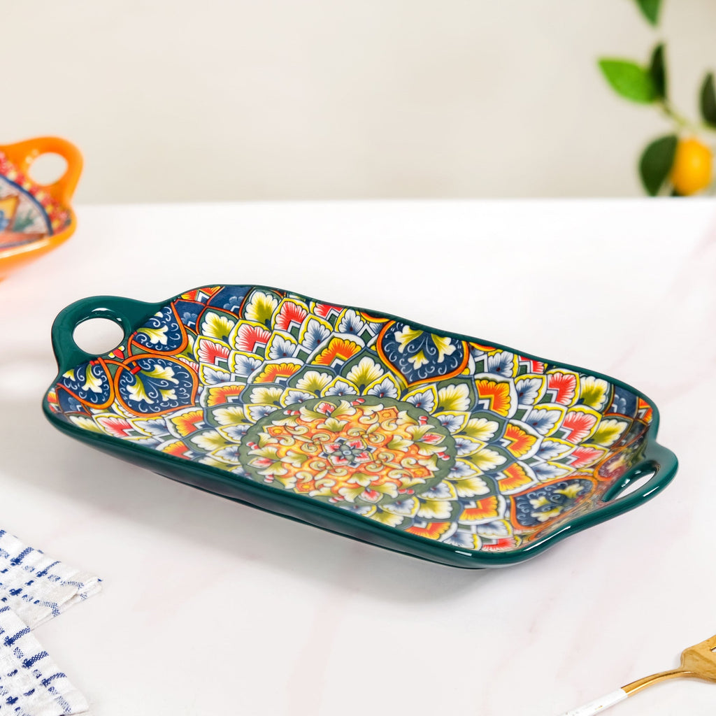 Mandala Melange Long Platter Dish Green Nestasia