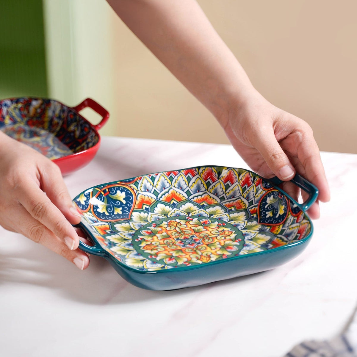 Mandala Melange Serving Platter With Handle Green Nestasia