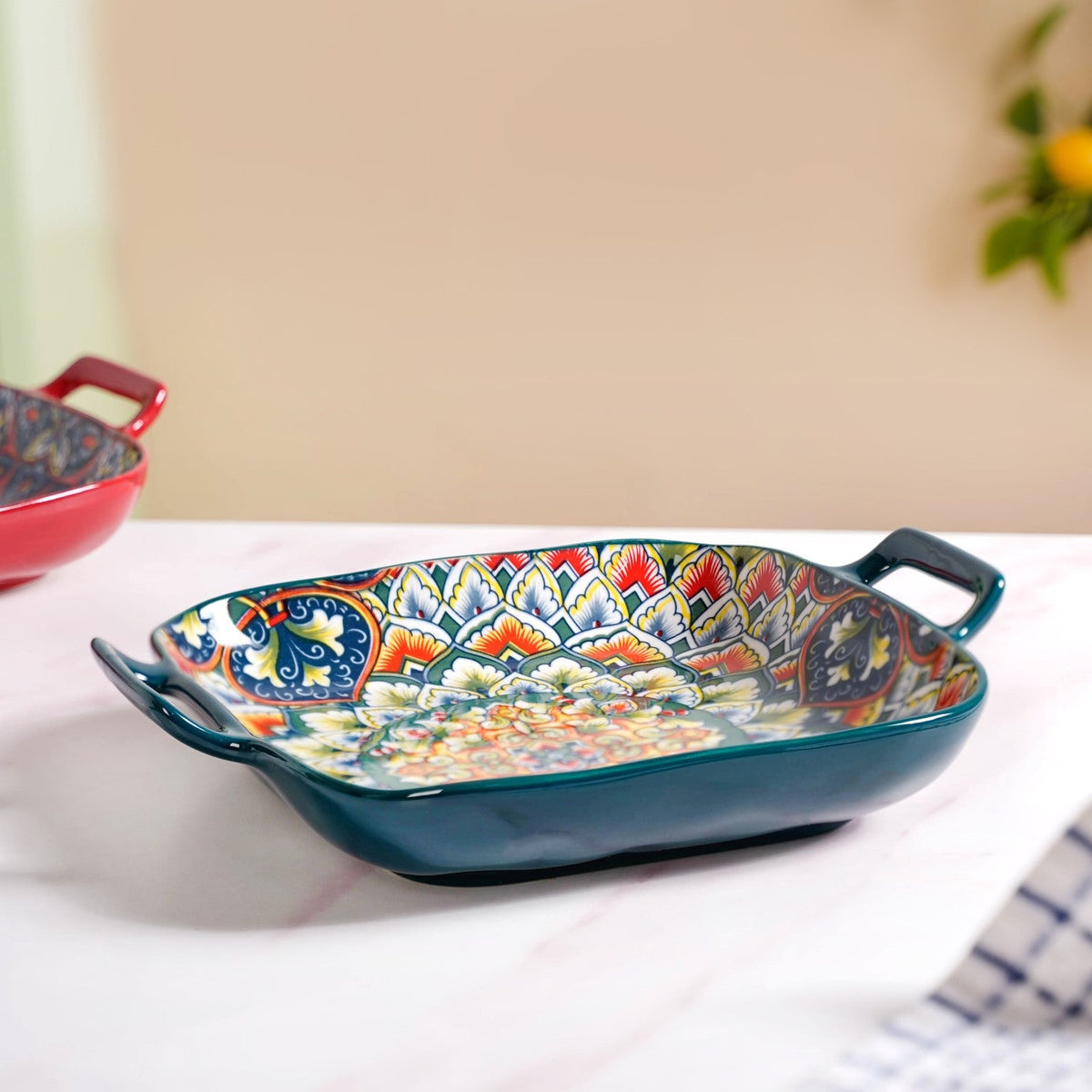 Mandala Melange Serving Platter With Handle Green Nestasia