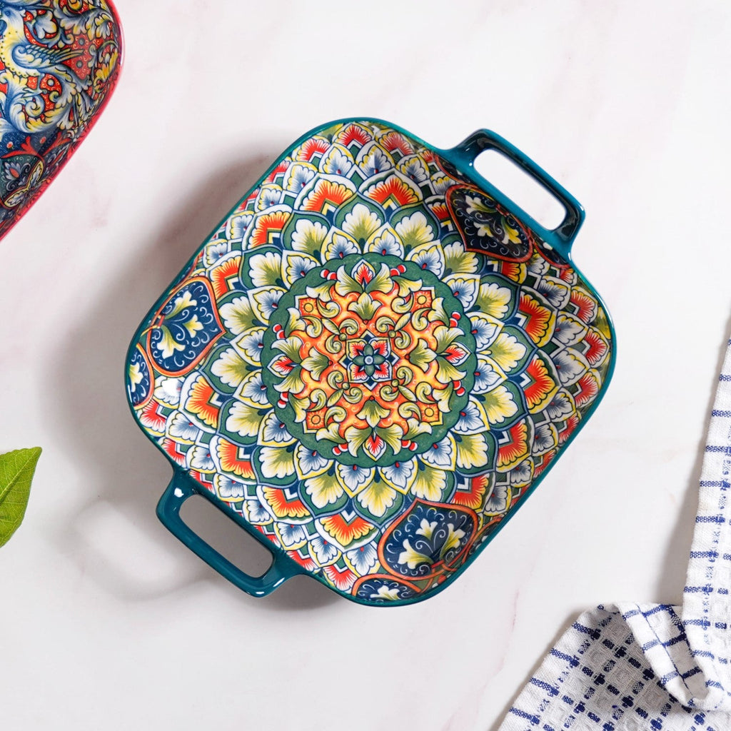 Mandala Melange Serving Platter With Handle Green Nestasia