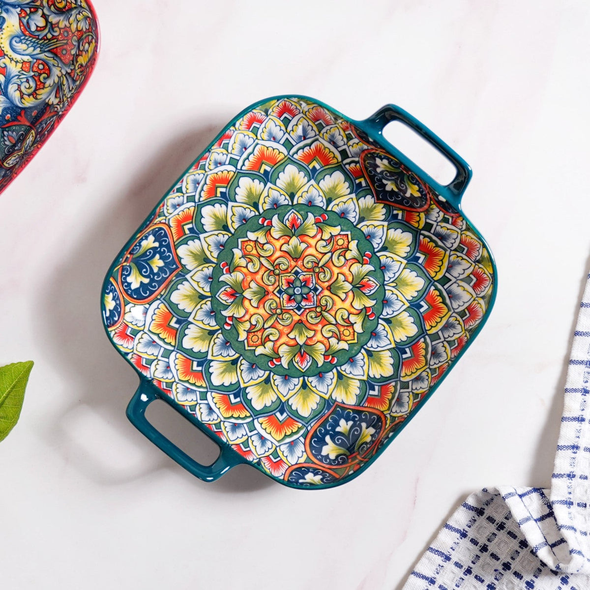 Mandala Melange Serving Platter With Handle Green Nestasia
