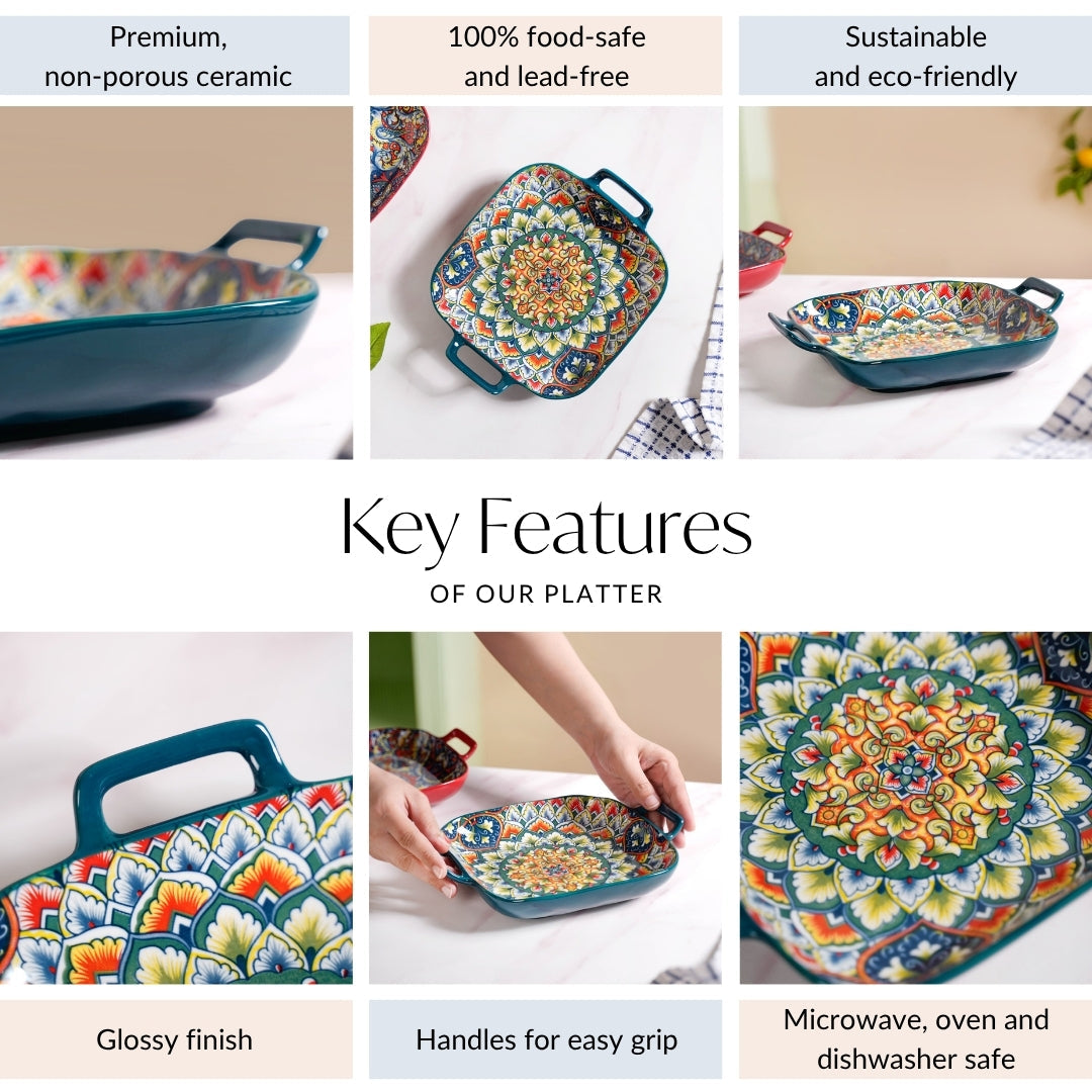 Mandala Melange Serving Platter With Handle Green Nestasia