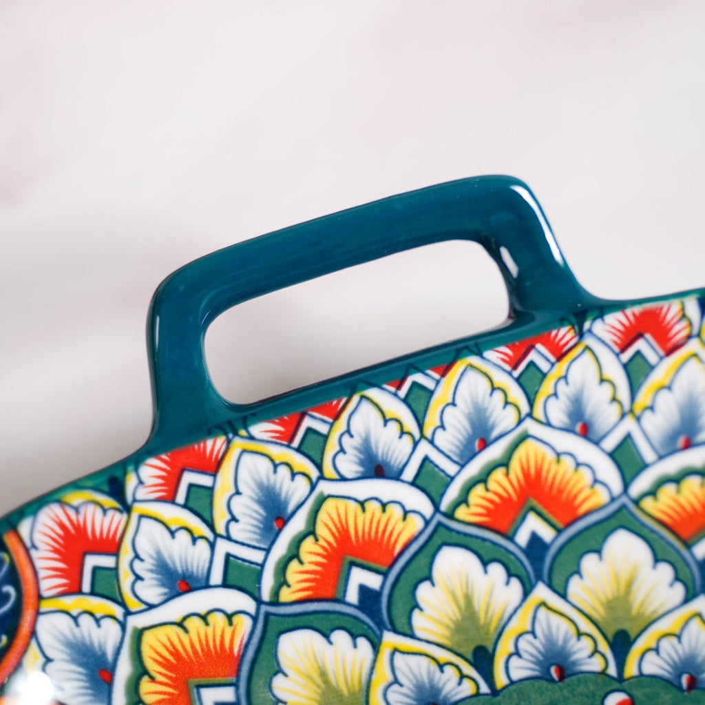 Mandala Melange Serving Platter With Handle Green Nestasia