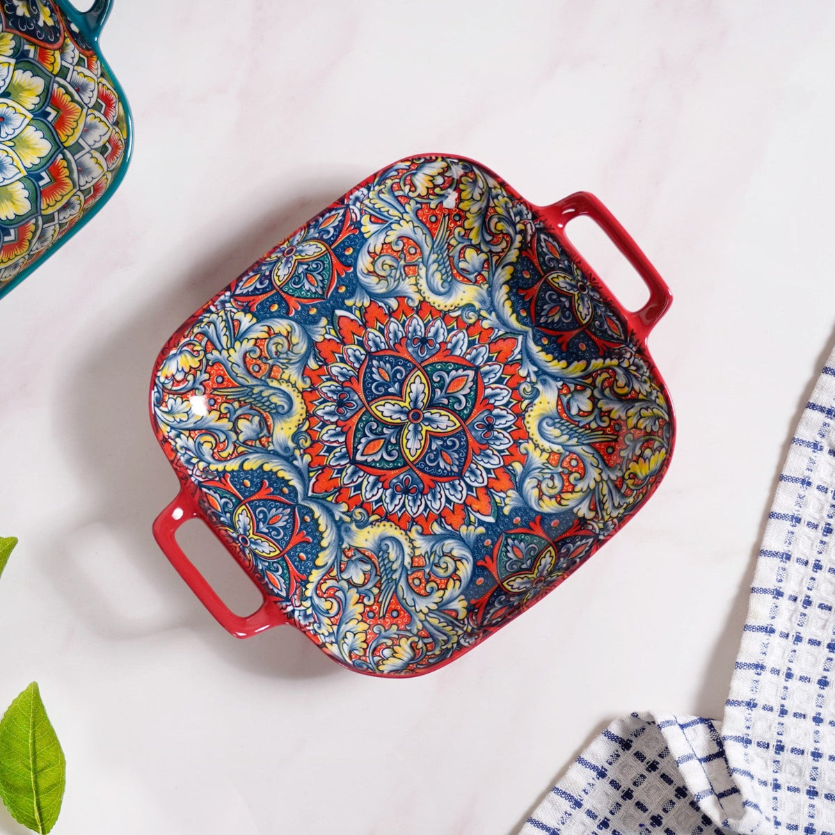 Mandala Melange Serving Platter With Handle Red Nestasia