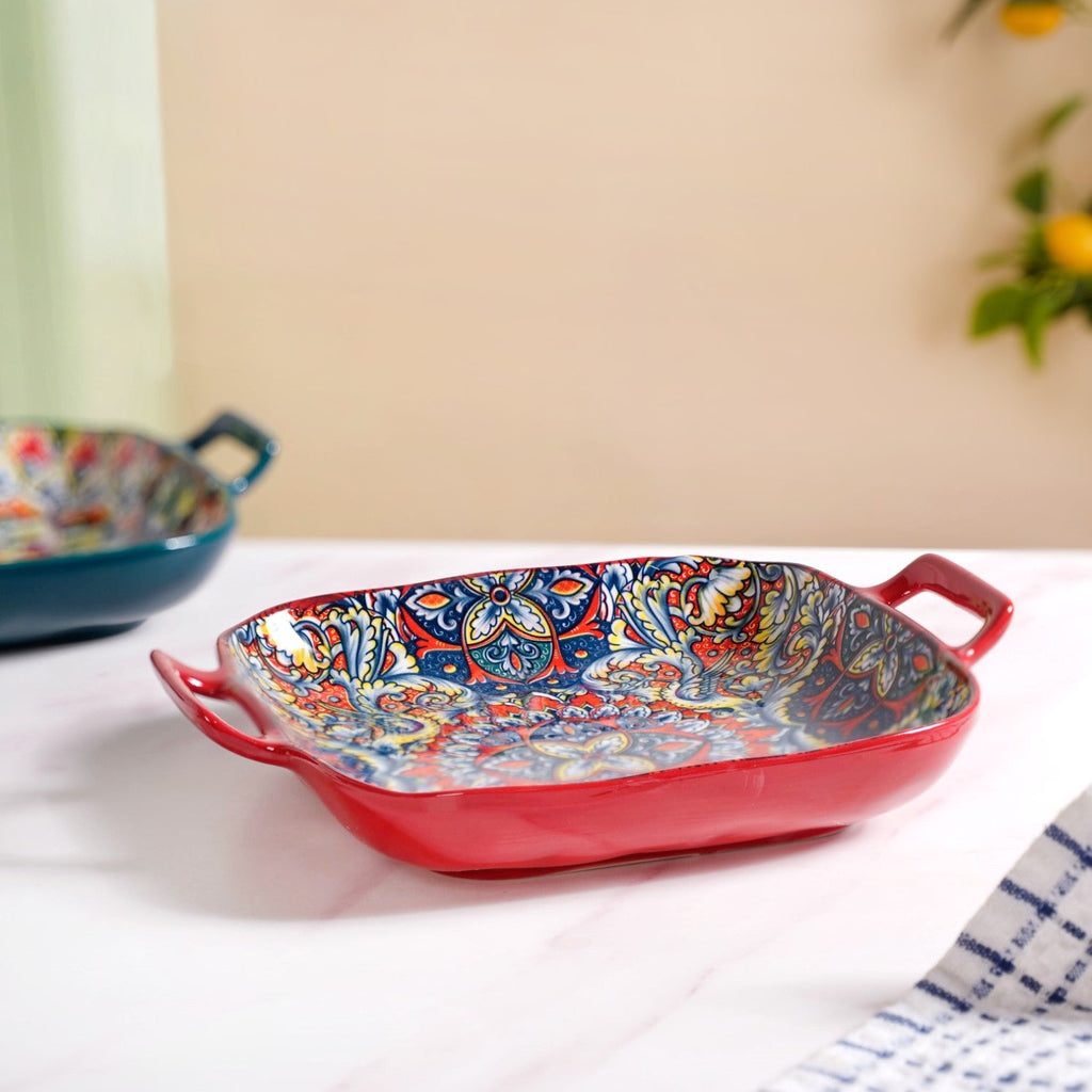 Mandala Melange Serving Platter With Handle Red Nestasia