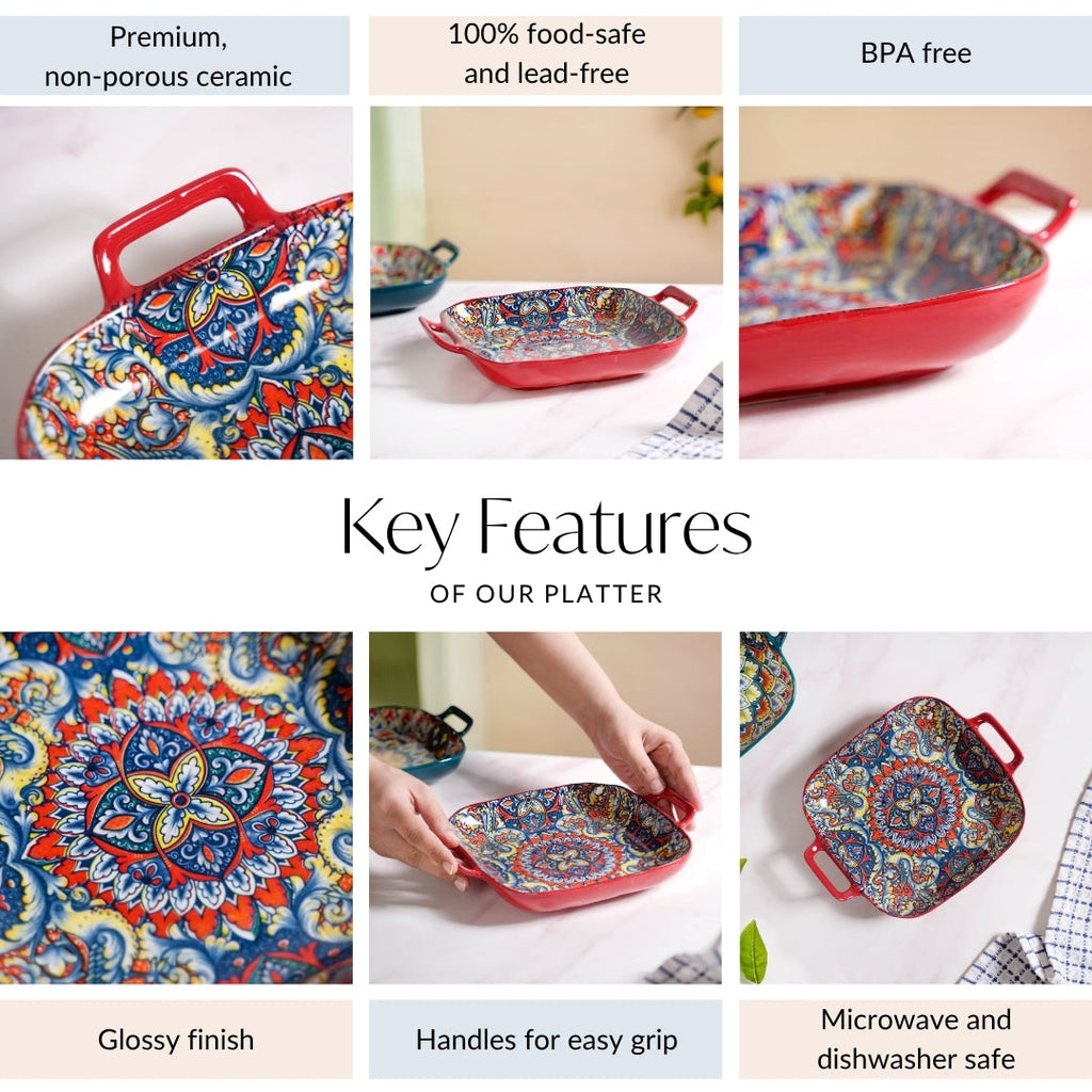 Mandala Melange Serving Platter With Handle Red Nestasia