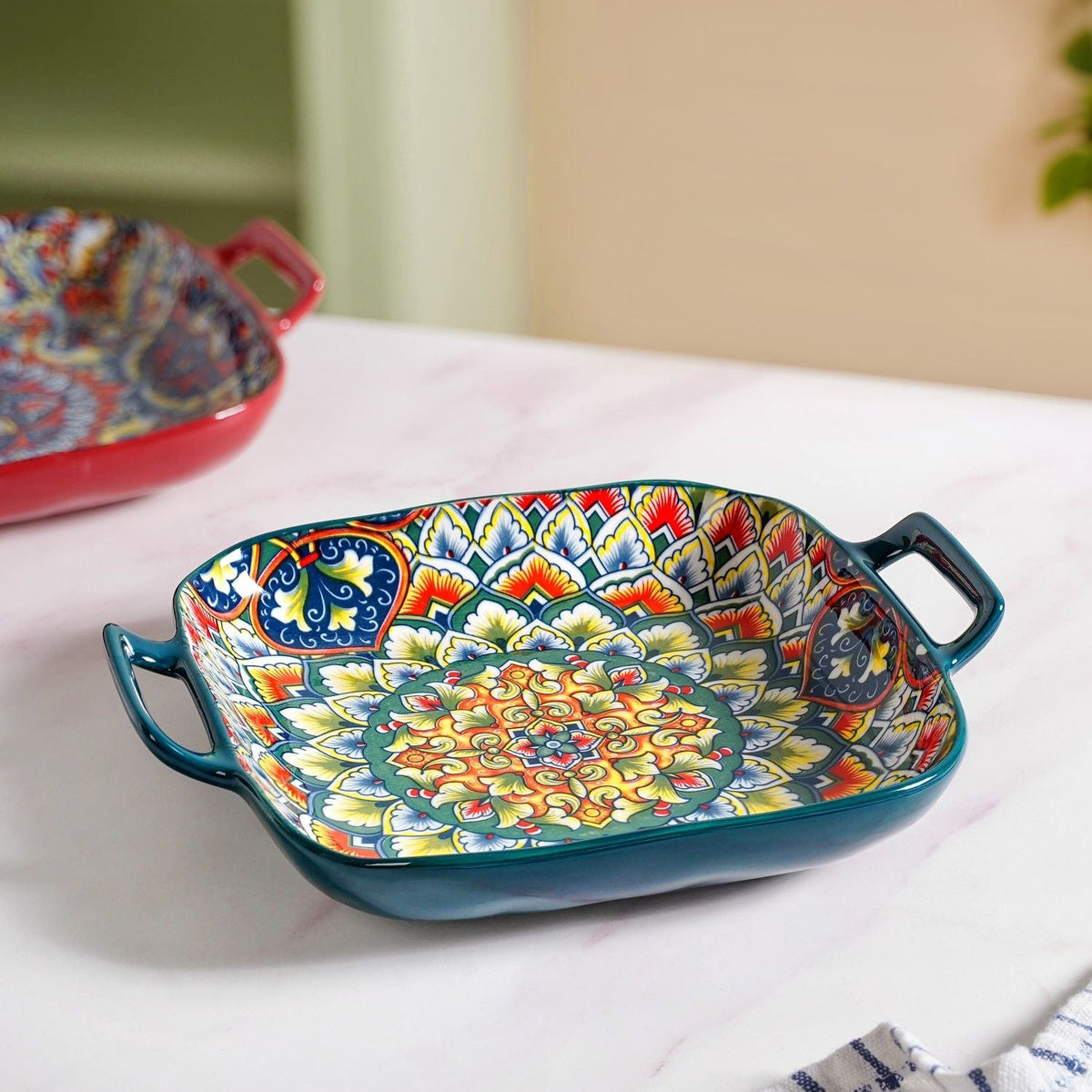 Mandala Melange Serving Platter With Handle Green Nestasia