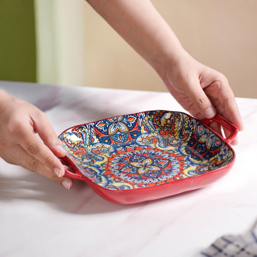 Mandala Melange Serving Platter With Handle Red Nestasia