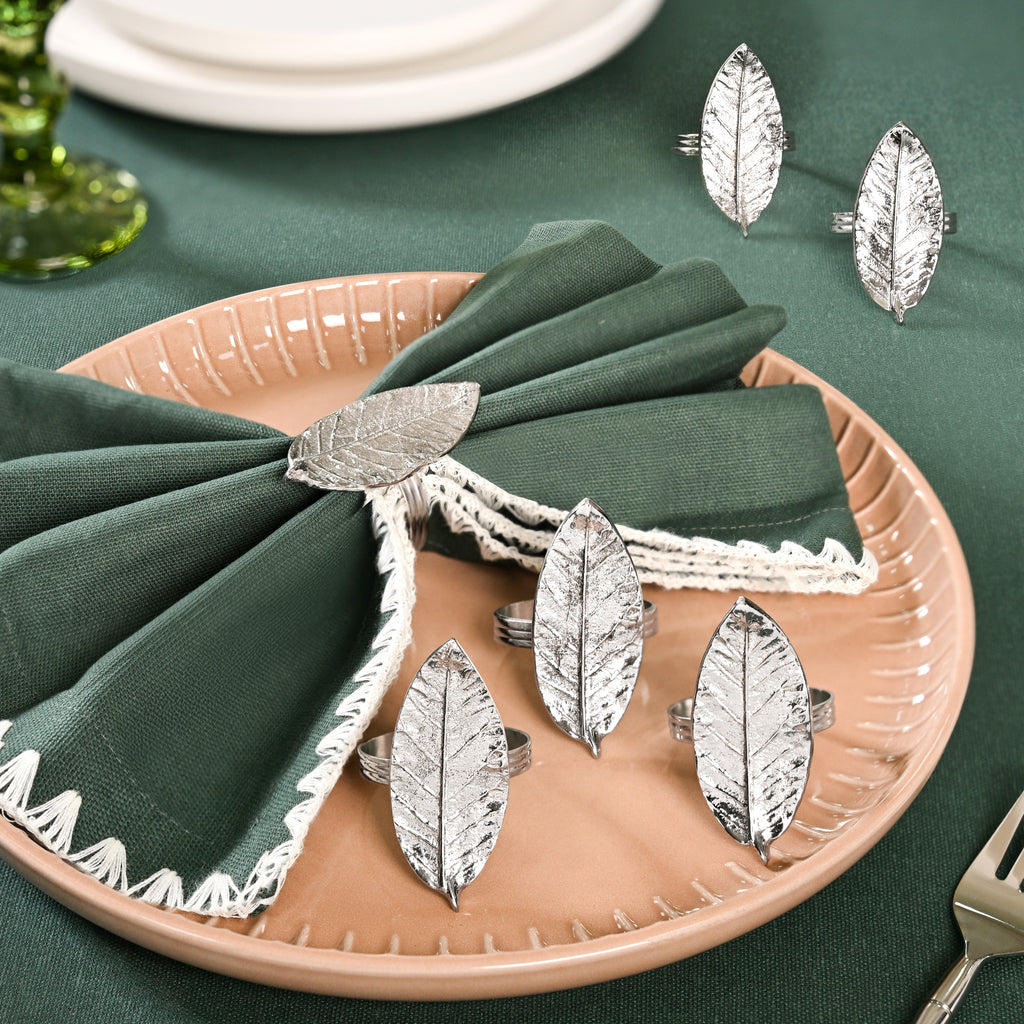 Mango Leaf Pure Brass Napkin Ring Set Of 6 Silver Nestasia