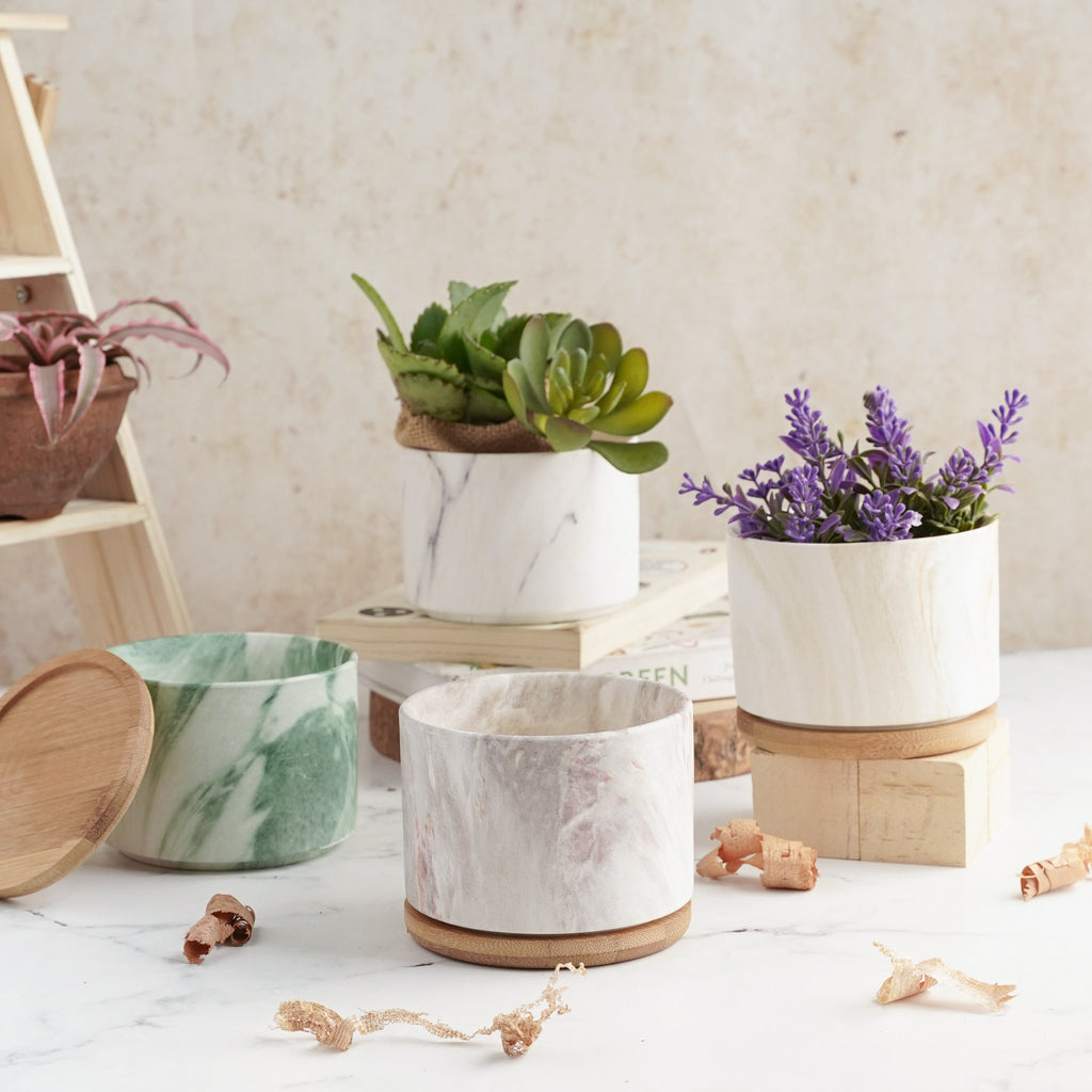 Marbleous Ceramic Flower Planter With Coaster Set Of 4 Nestasia