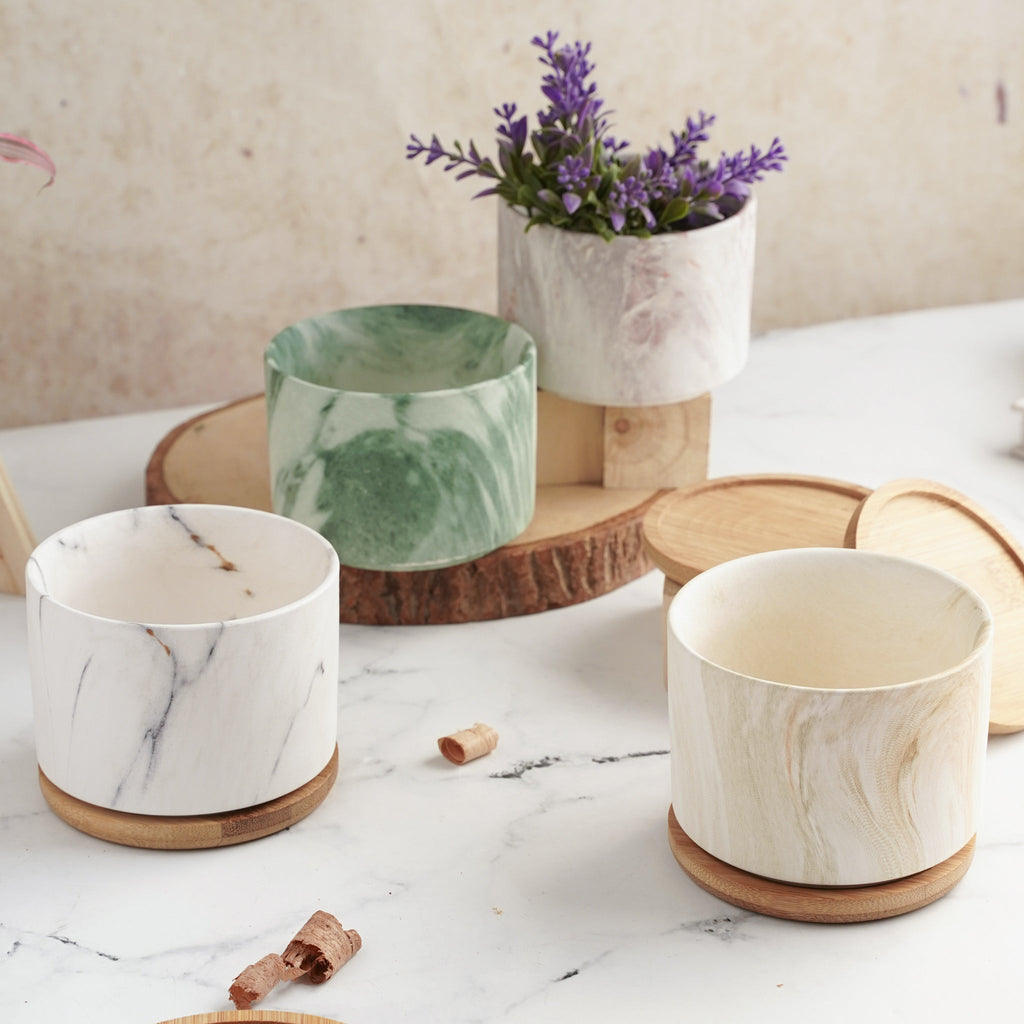 Marbleous Ceramic Flower Planter With Coaster Set Of 4 Nestasia