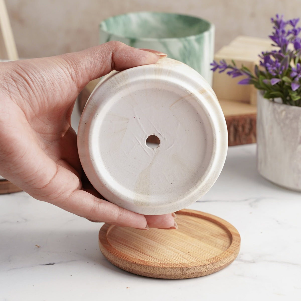 Marbleous Ceramic Flower Planter With Coaster Set Of 4 Nestasia