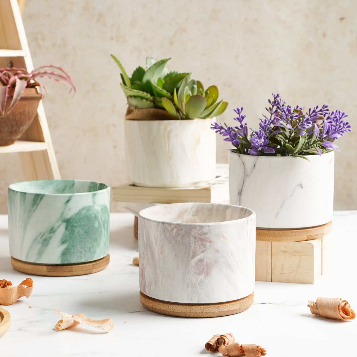 Marbleous Ceramic Flower Planter With Coaster Set Of 4 Nestasia