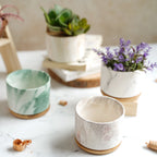 Marbleous Ceramic Flower Planter With Coaster Set Of 4 Nestasia
