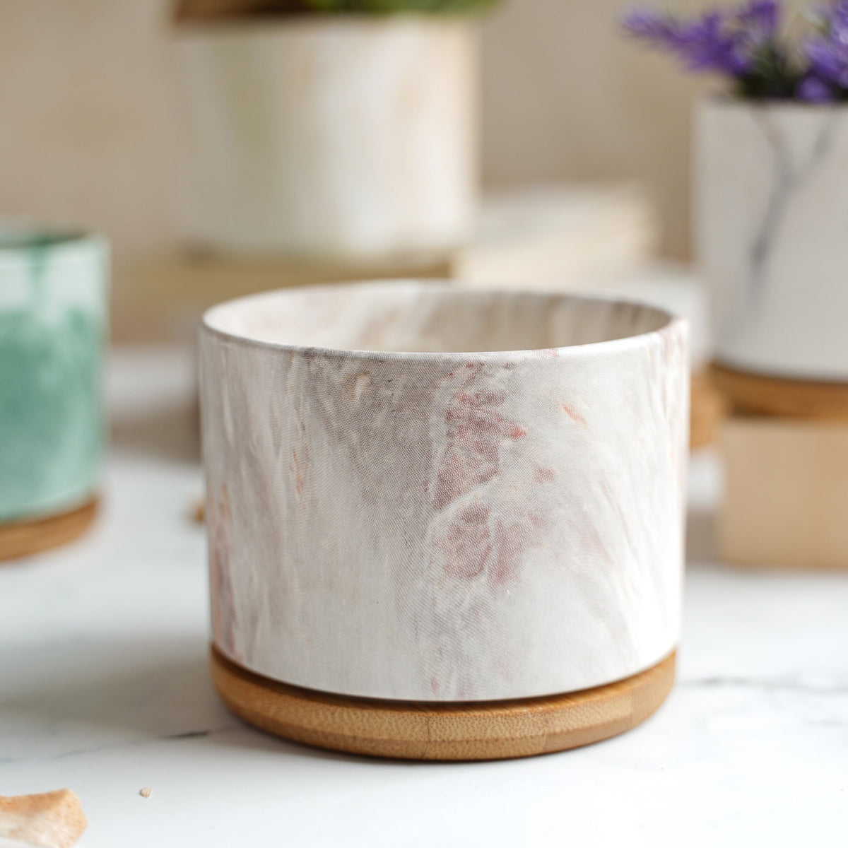 Marbleous Ceramic Flower Planter With Coaster Set Of 4 Nestasia
