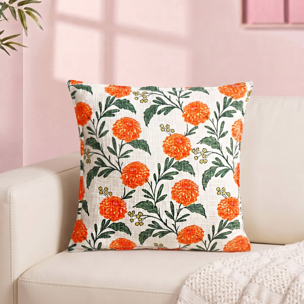 Marigold Bloom Embroidered Cotton Cushion Cover 45x45cm Nestasia