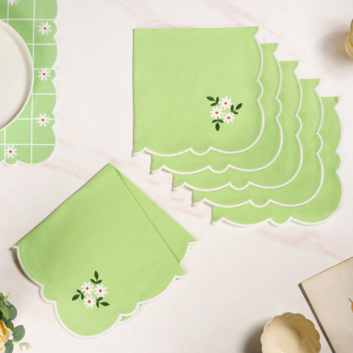 Pistachio Green Cotton Embroidered Table Napkin Set Of 6 Nestasia