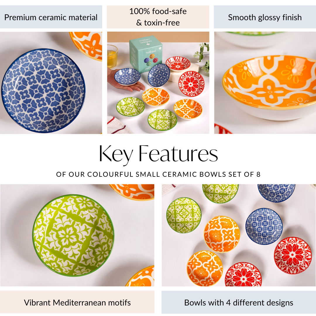 Mediterranean Vibrancy Small Ceramic Bowls Set Of 8 70ml Nestasia