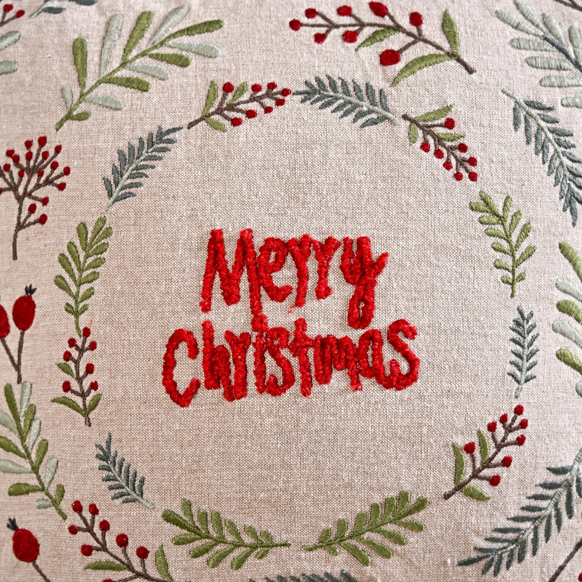 Merry Christmas Wreath Embroidered Cushion Cover 40x40cm Nestasia