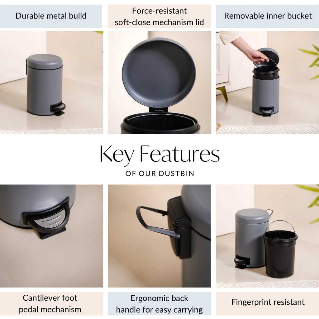 Clean Curve Dustbin With Removable Bucket Grey 3000ml Nestasia