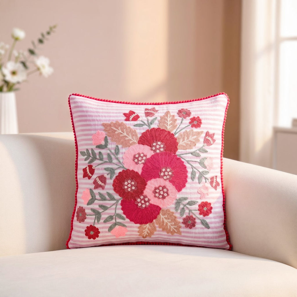 Pink Stripe Cotton Embroidered Cushion Cover 40x40cm Nestasia