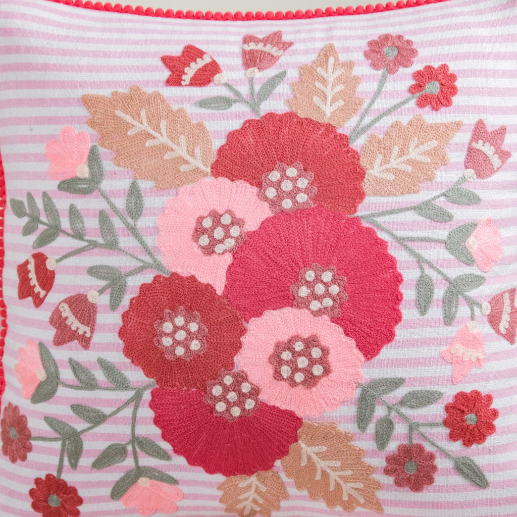 Pink Stripe Cotton Embroidered Cushion Cover 40x40cm Nestasia