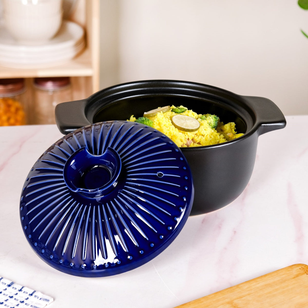 Lumea Ribbed Ceramic Cooking Pot Blue 3500ml Nestasia