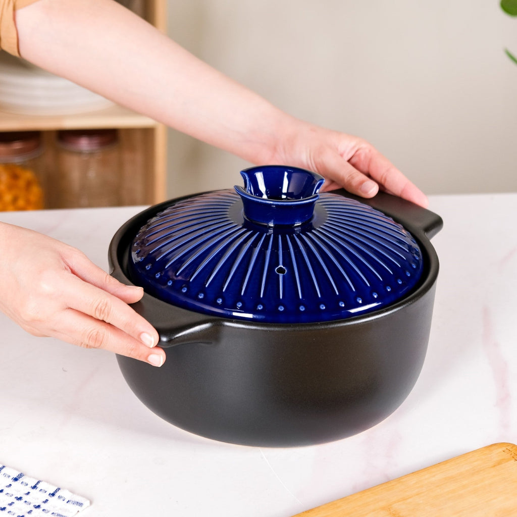 Lumea Ribbed Ceramic Cooking Pot Blue 3500ml Nestasia