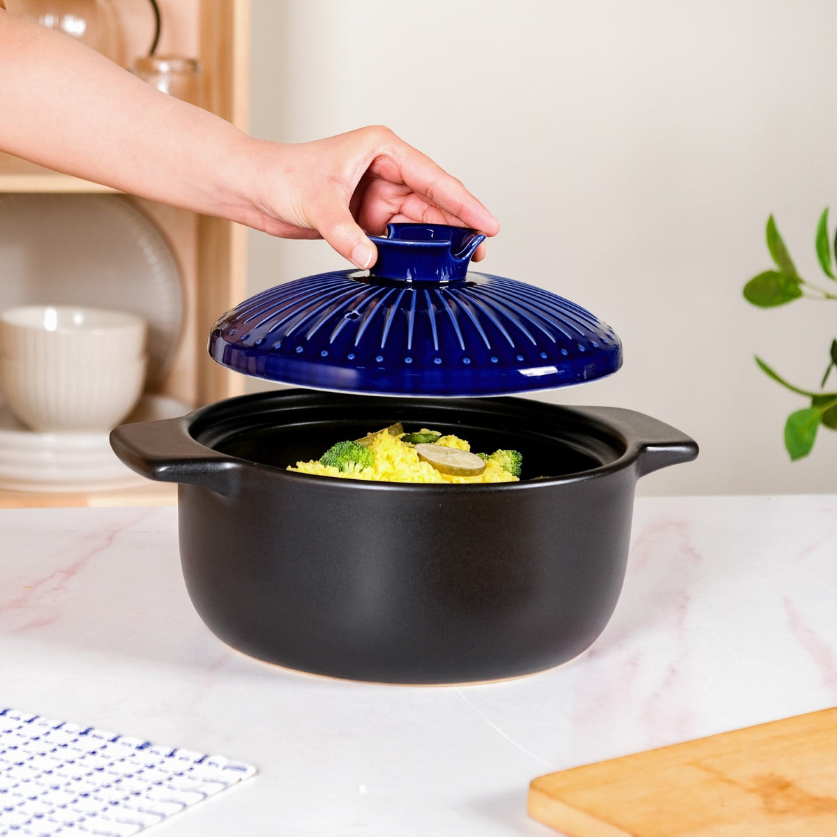 Lumea Ribbed Ceramic Cooking Pot Blue 3500ml Nestasia