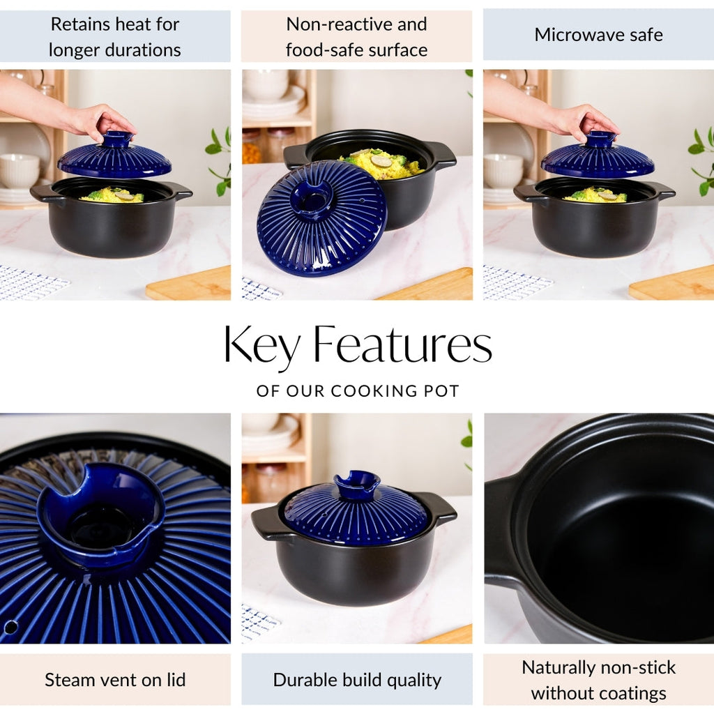 Lumea Ribbed Ceramic Cooking Pot Blue 3500ml Nestasia