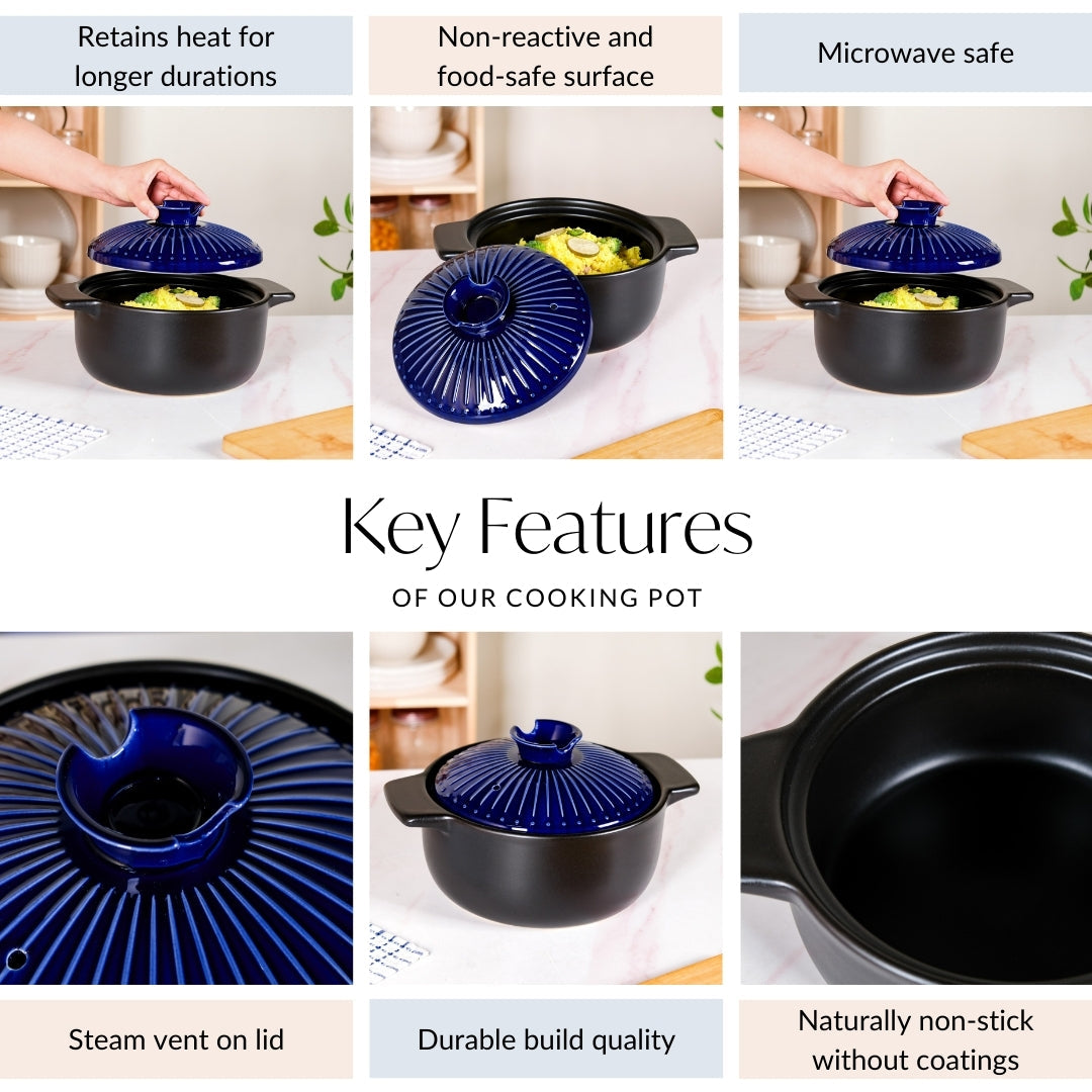 Lumea Ribbed Ceramic Cooking Pot Blue 3500ml Nestasia