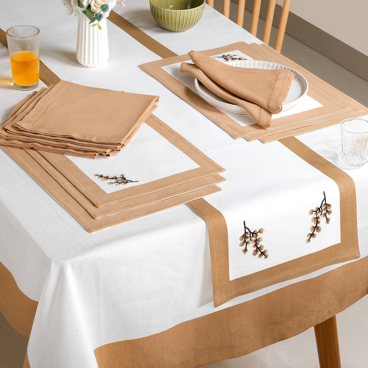 Midori Complete Table Linen Set With Mats Napkins Runner And Table Cloth In Brown Nestasia