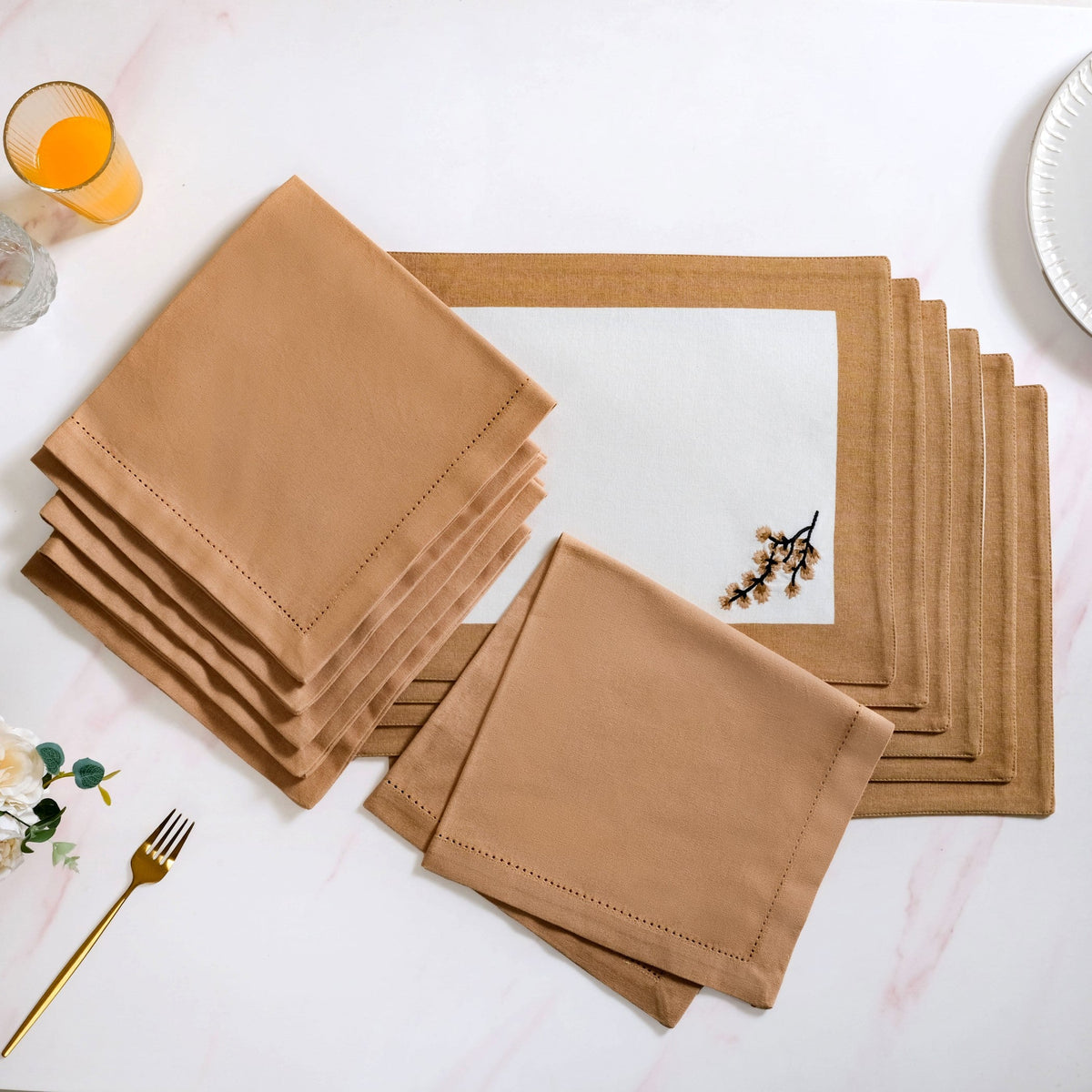 Midori Embroidered Placemats And Napkins Table Set Of 12 In Brown Nestasia
