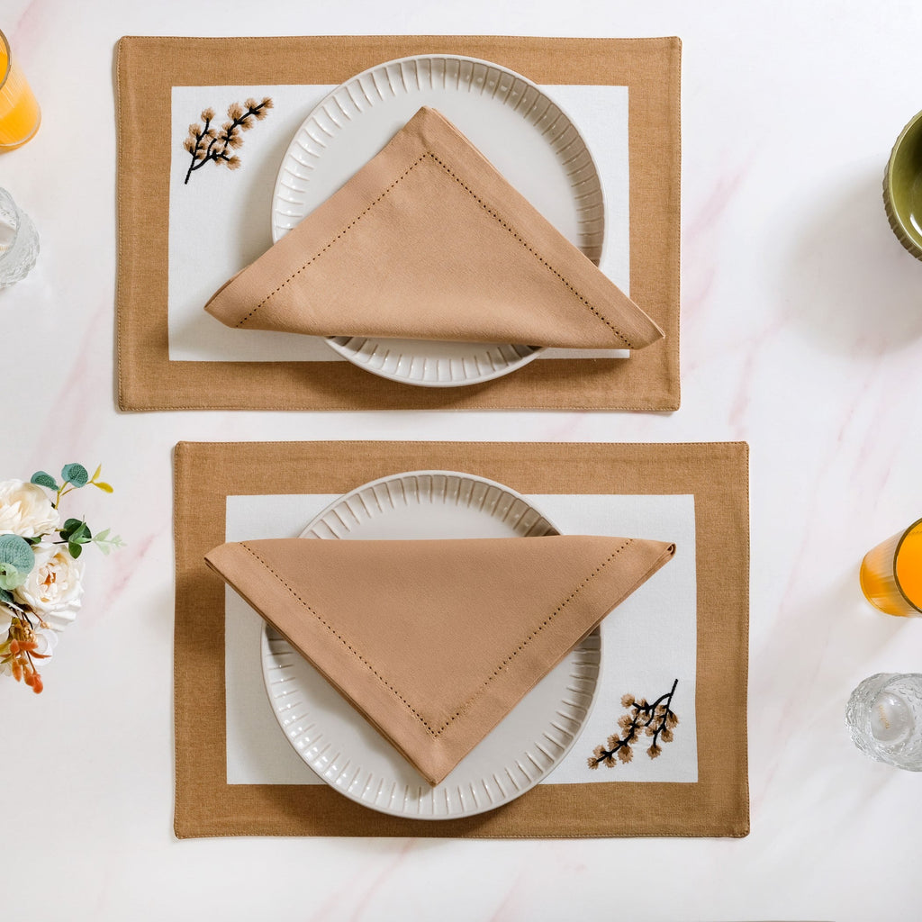 Midori Embroidered Placemats And Napkins Table Set Of 12 In Brown Nestasia