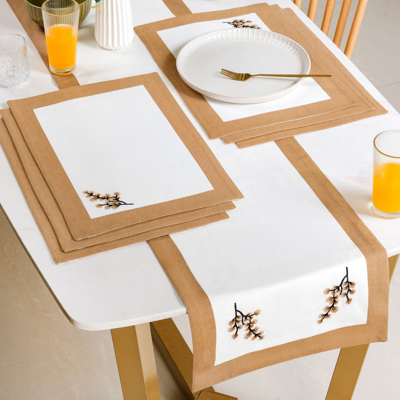 Midori Pure Cotton Table Runner And Placemat Set Of 7 In Brown Nestasia