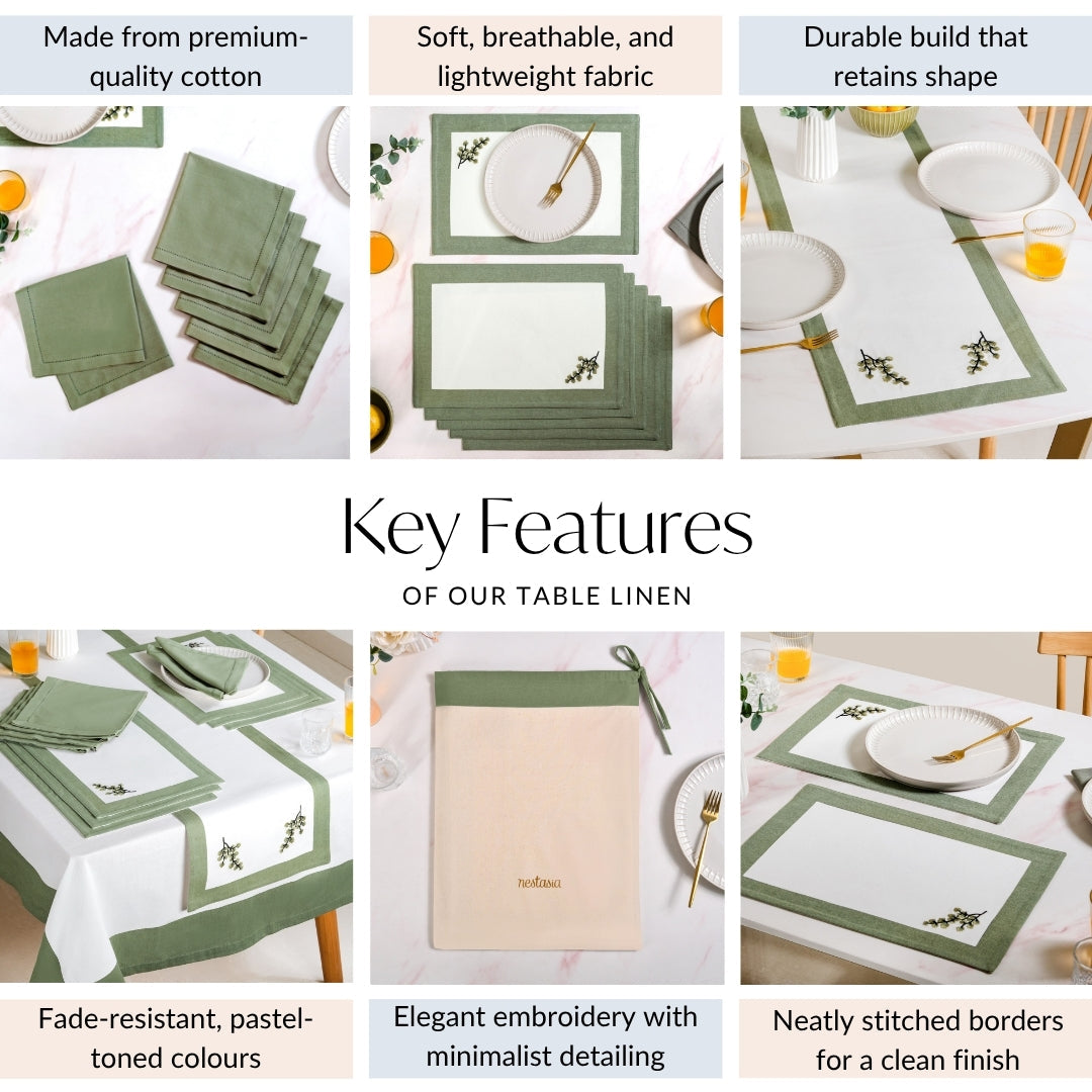 Midori Complete Table Linen Set With Mats Napkins Runners And Table Cloth In Sage Green Nestasia