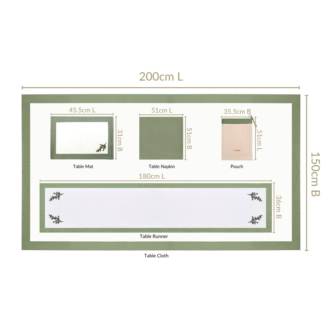 Midori Complete Table Linen Set With Mats Napkins Runners And Table Cloth In Sage Green Nestasia