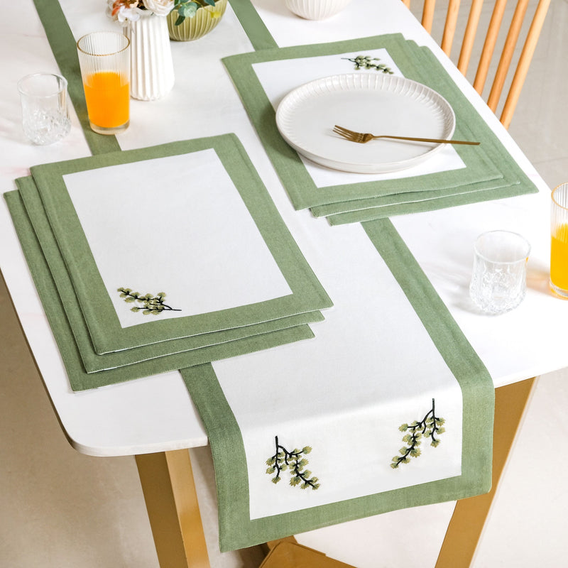 Midori Pure Cotton Table Runner And Placemat Set Of 7 Sage Green Nestasia