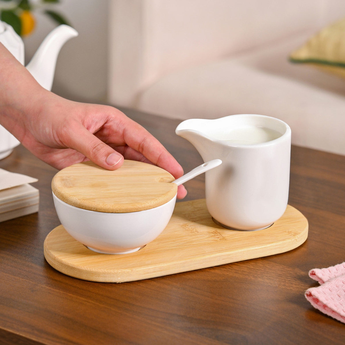 Milk Pot And Sugar Bowl With Stand And Spoon Nestasia