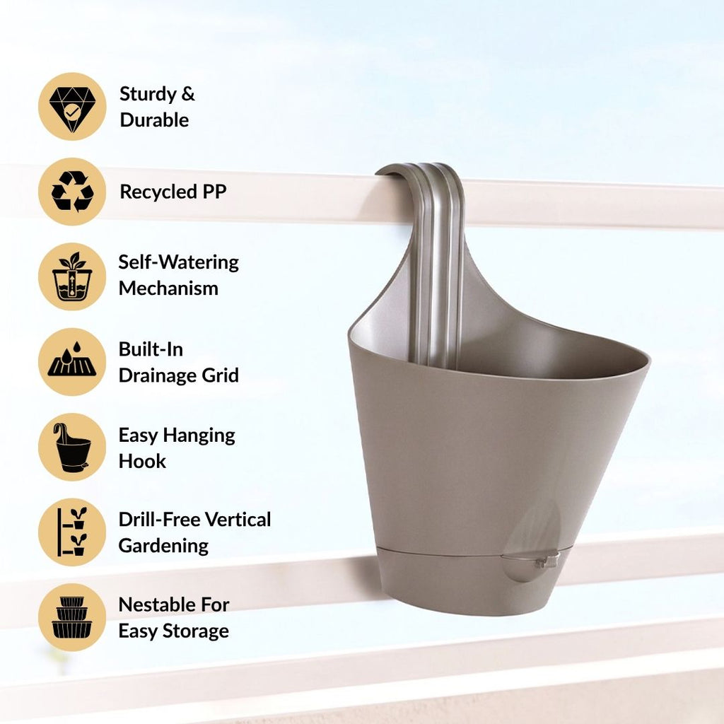 Minimalist Alpina Hanging Self Watering Balcony Planter Rock Brown Set Of 3 Nestasia