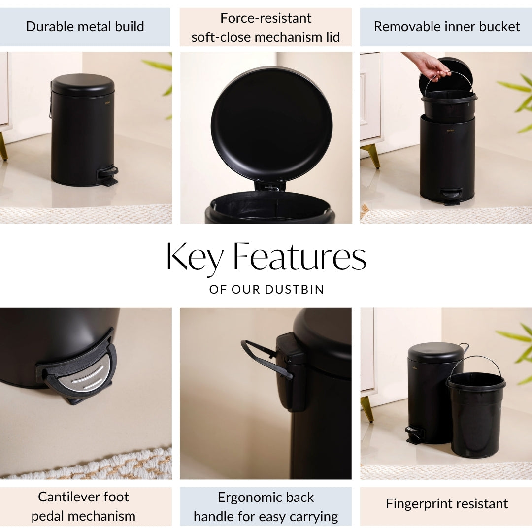 Clean Curve Metal Dustbin With Removable Bucket Black 7000ml Nestasia