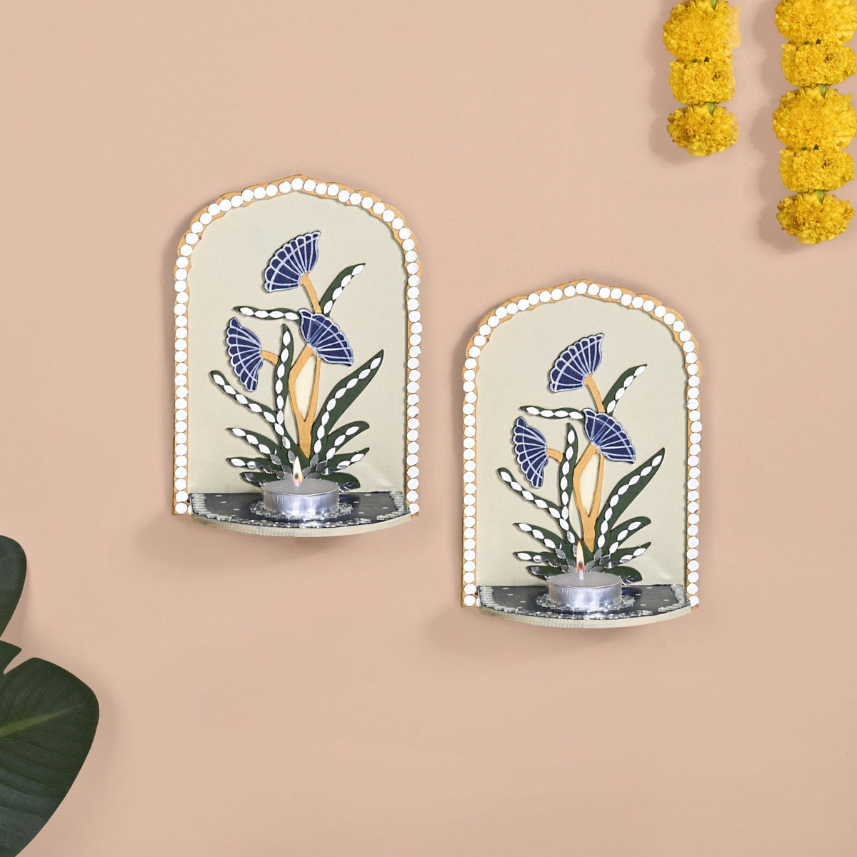 Mirrorwork Lippan Wall Tealight Holder Set Of 2 Royal Blue Nestasia