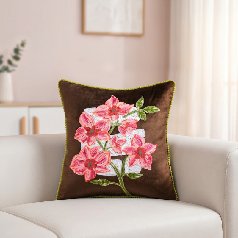 Mocha Blossom Embroidered Velvet Cushion Cover 40x40cm Nestasia