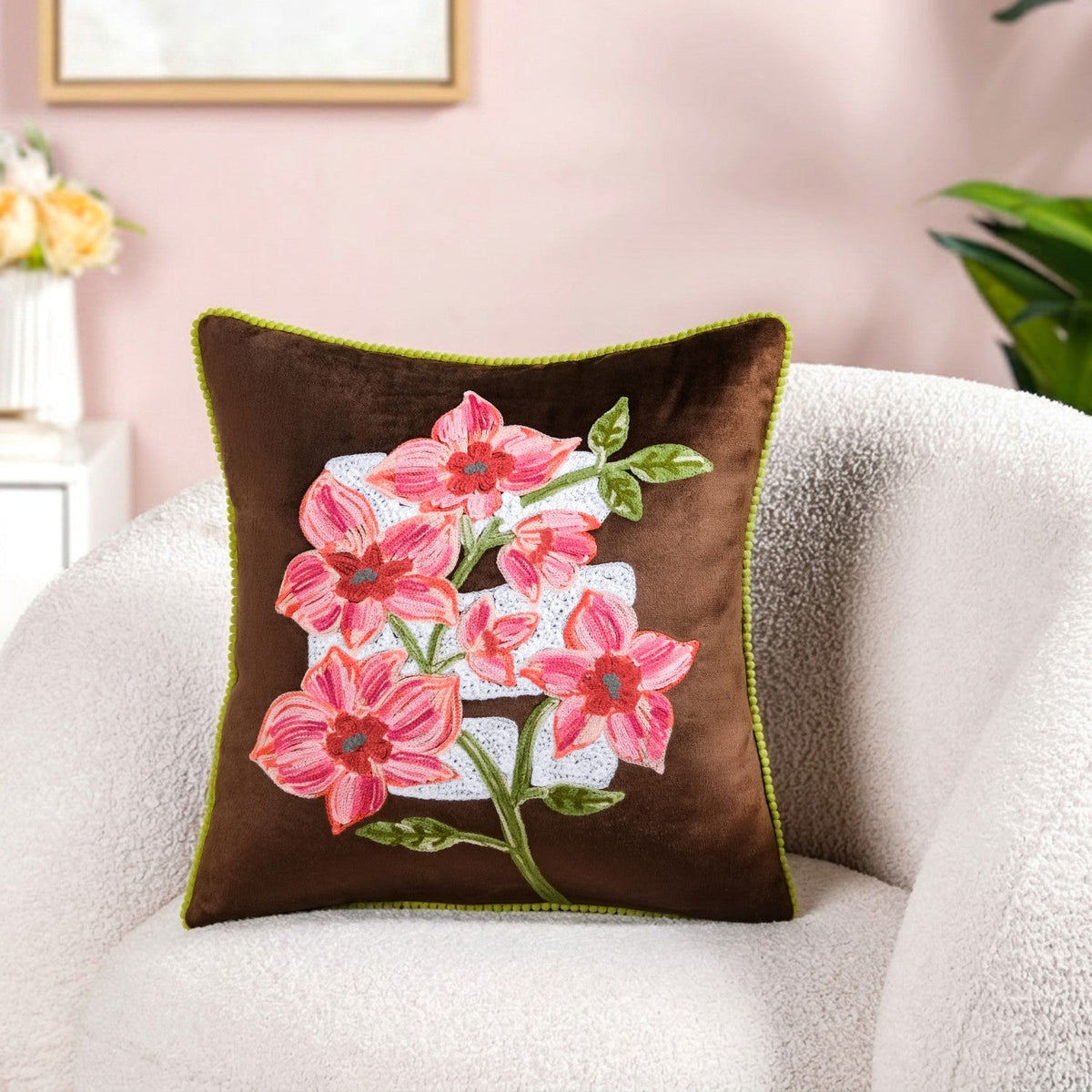 Mocha Blossom Embroidered Velvet Cushion Cover 40x40cm Nestasia