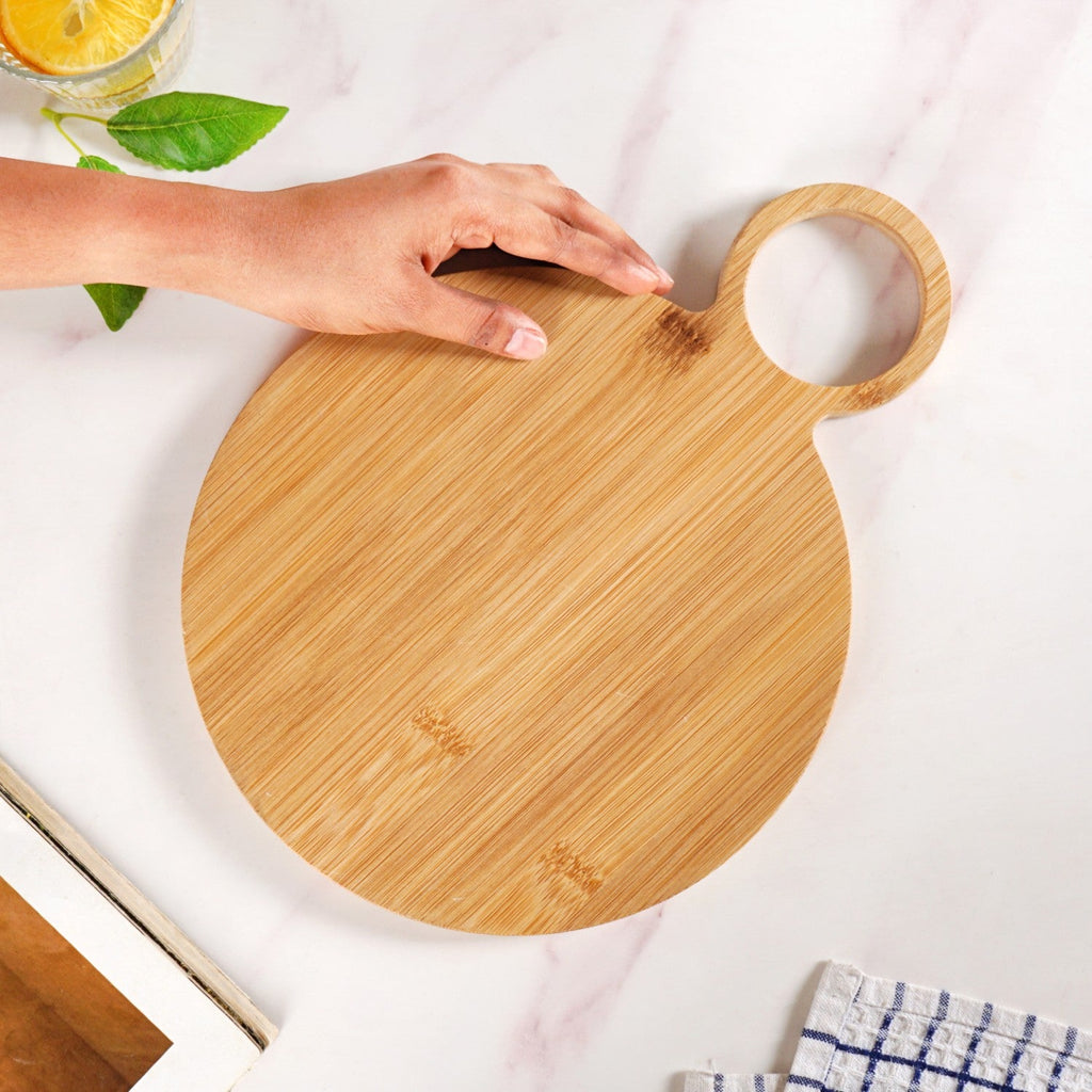 Mod Round Bamboo Serving Platter With Handle 12 Inch Nestasia