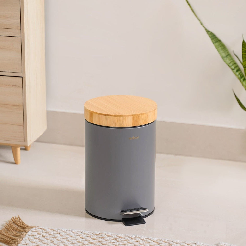 Modbin Bamboo Lid Metal Dustbin Grey 3000ml Nestasia
