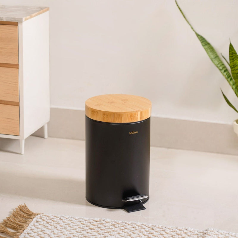 Modbin Bamboo Lid Metal Dustbin With Bucket Black 3000ml Nestasia