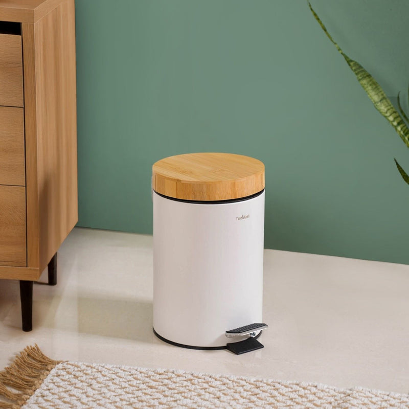 Modbin Bamboo Lid Metal Dustbin With Bucket White 3000ml Nestasia